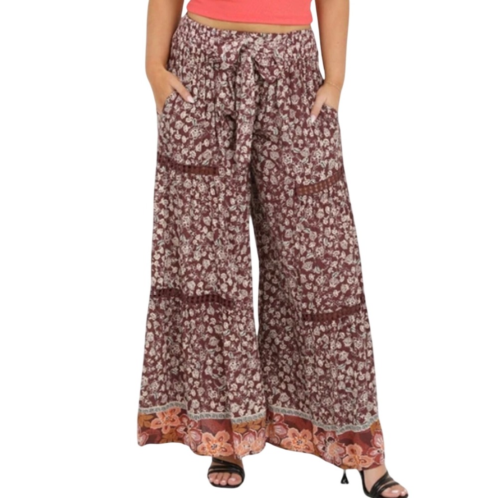 Angie Burgundy Floral Wide Leg Palazzo Pants Boho Crochet Lace Tiered - Medium